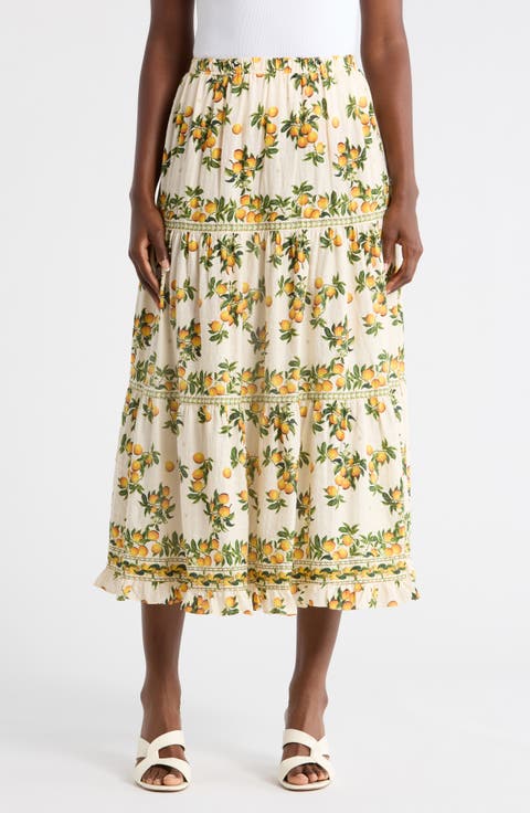 Floral Wreath Print Tiered Cotton Blend Maxi Skirt