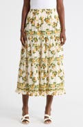 MAX STUDIO Floral Wreath Print Tiered Cotton Blend Maxi Skirt