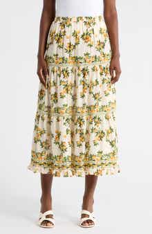 MAX STUDIO Floral Wreath Print Tiered Cotton Blend Maxi Skirt