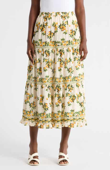 MAX STUDIO Floral Wreath Print Tiered Cotton Blend Maxi Skirt