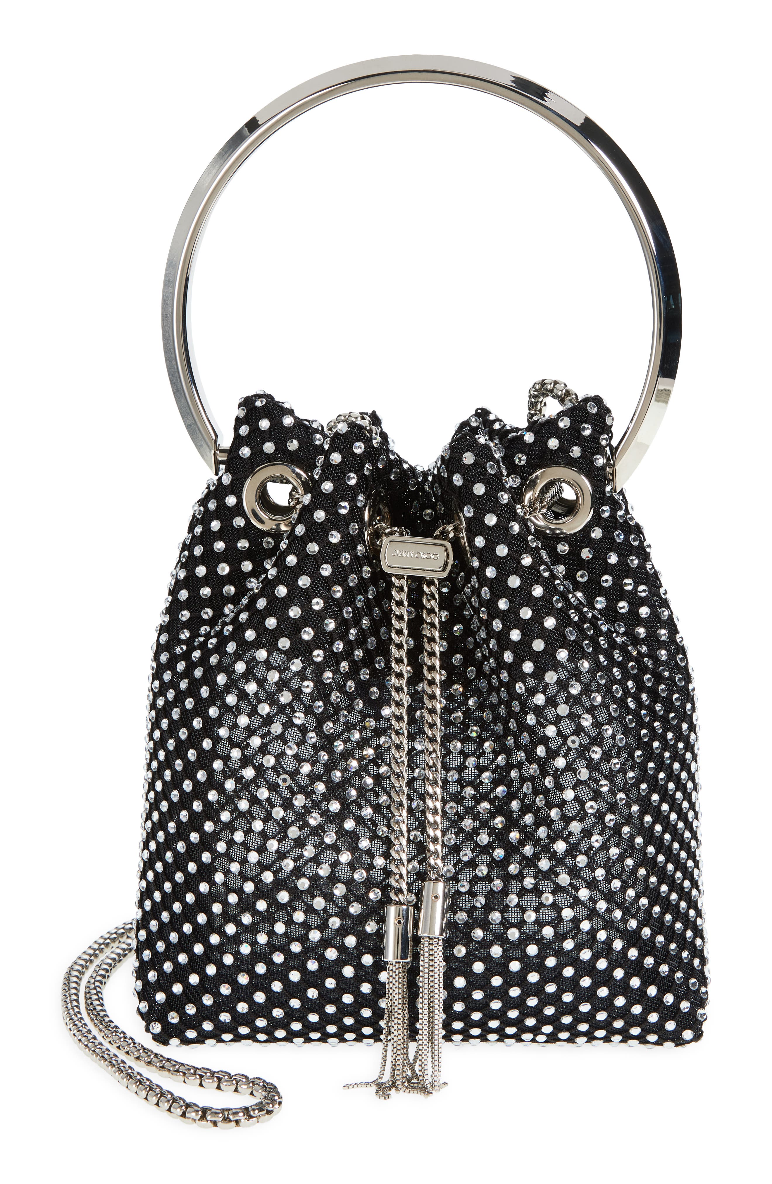 Jimmy Choo Bon Bon Crystal Mesh Top Handle Pouch, Main, color, 