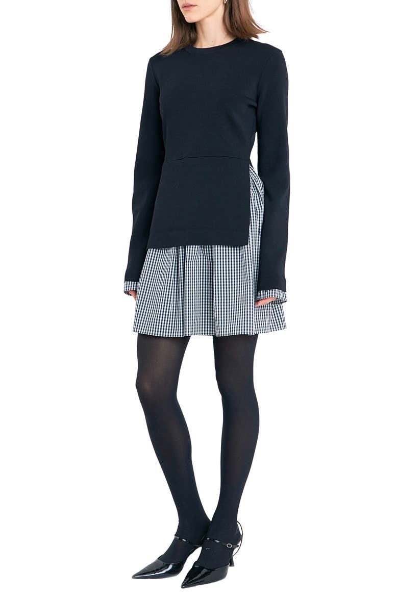 Mixed Media Long Sleeve Minidress, Alternate, color, BLACK