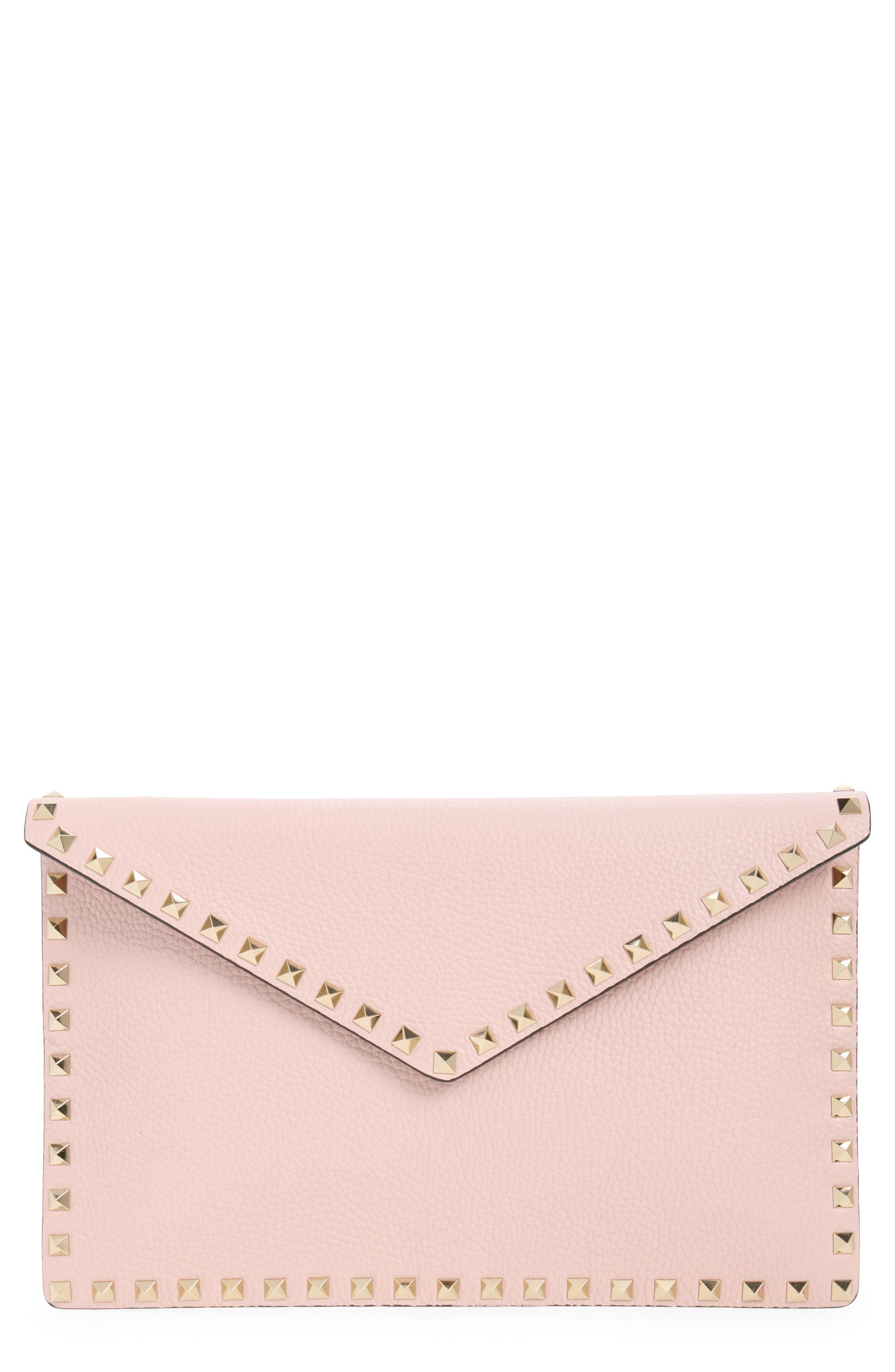 Large Rockstud Leather Clutch, Main, color, ROSE QUARTZ