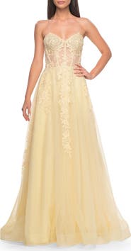 La Femme Sweetheart Strapless Gown with Beautiful Lace Applique