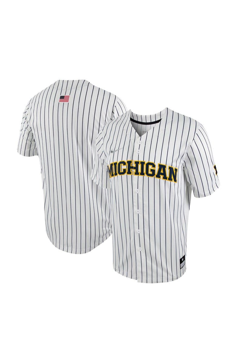 Nike Men's Nike White/Navy Michigan Wolverines Pinstripe Replica Full-Button Baseball Jersey, Main, color, White