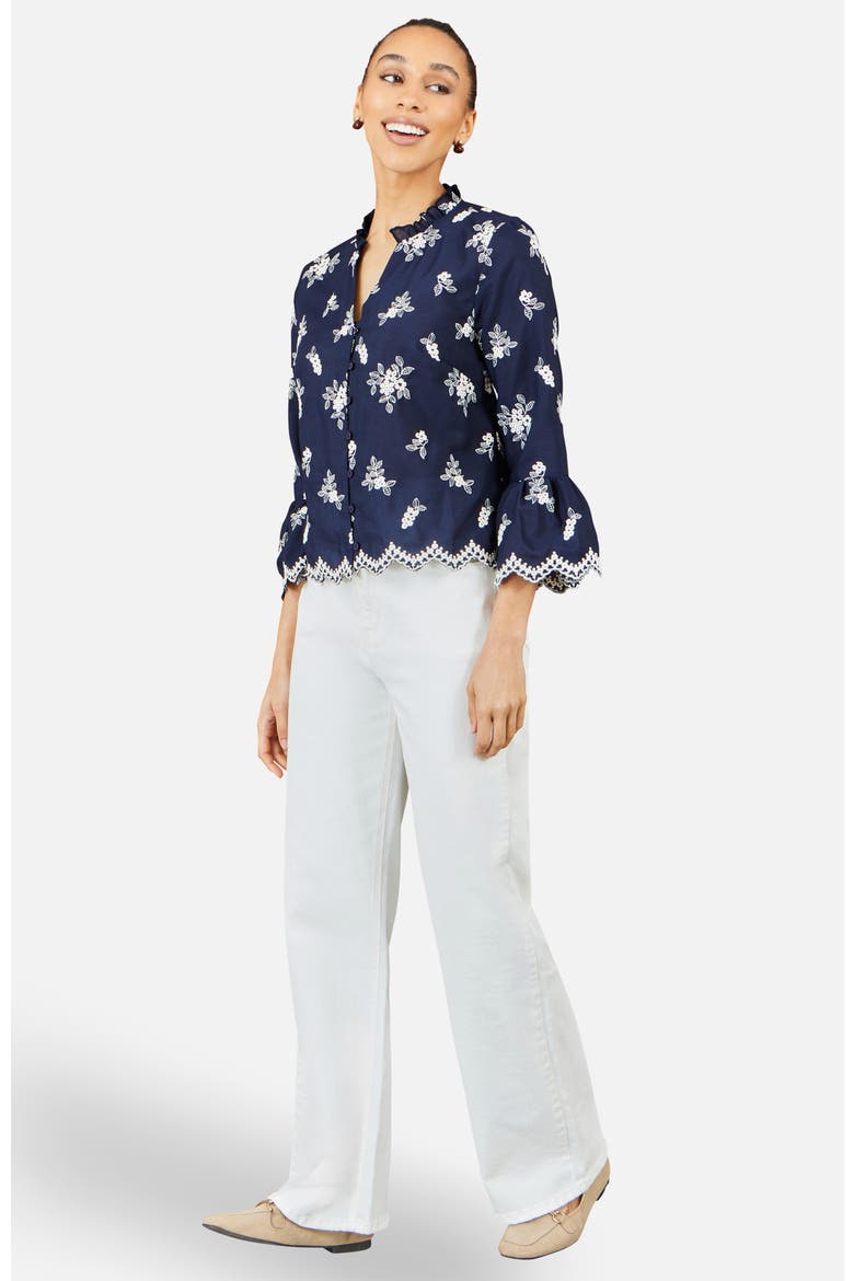 Fluted Sleeves V-Neck Shirt, Alternate, color, Navy