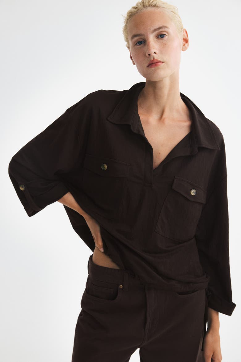 Piqué Pullover Shirt, Alternate, color, Dark brown