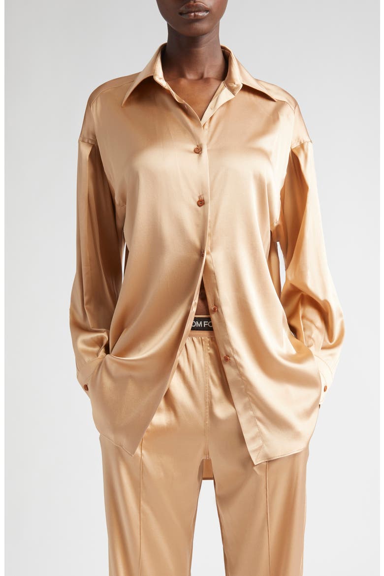 Relaxed Fit Stretch Silk Satin Blouse, Main, color, PALE BEIGE