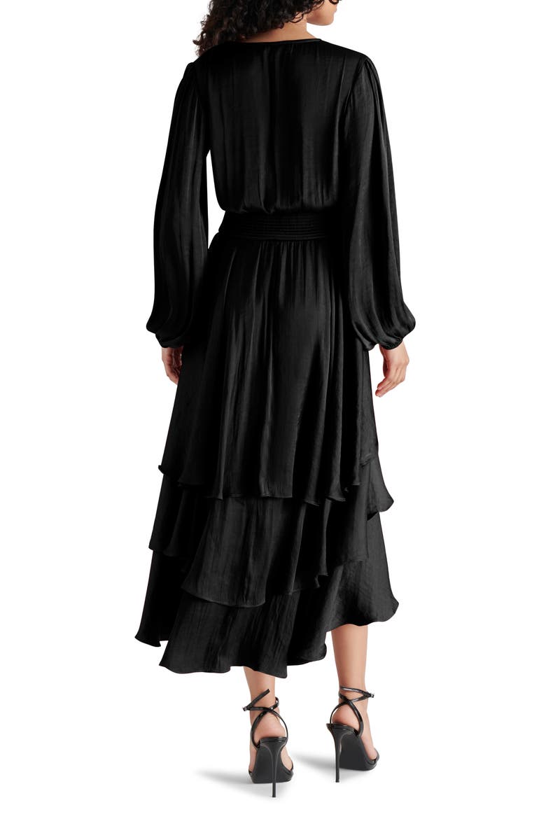 Bei Long Sleeve Tiered Satin Midi Dress, Alternate, color, BLACK