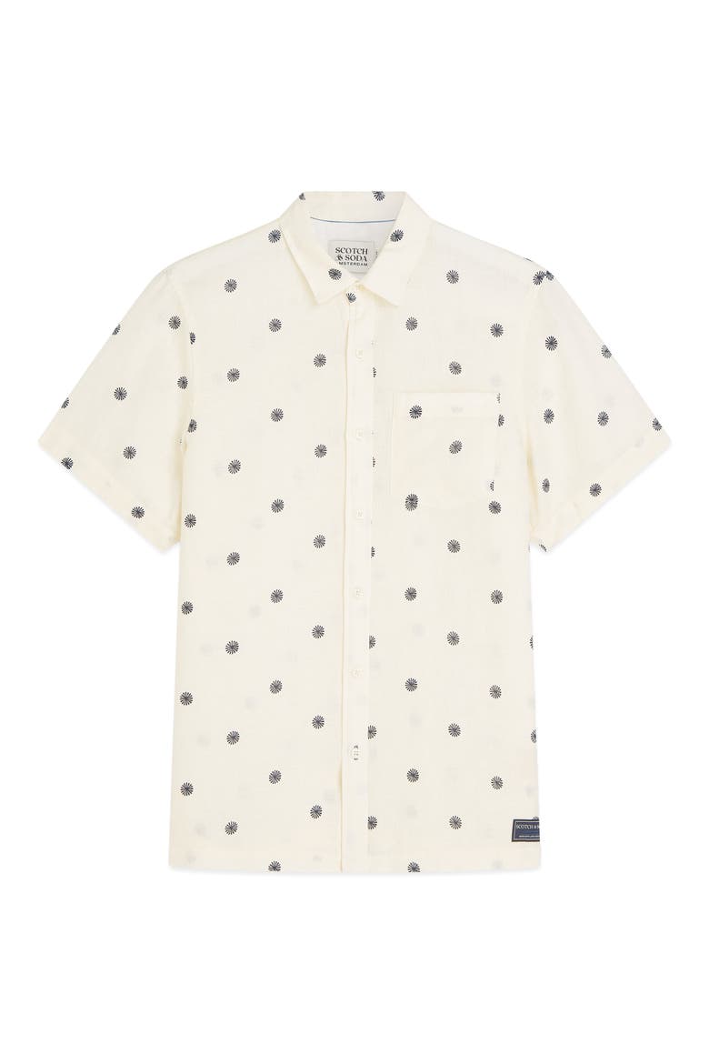 Regular Fit Short Sleeve Linen Button-Up Shirt, Alternate, color, TILES STARS EGGNOG