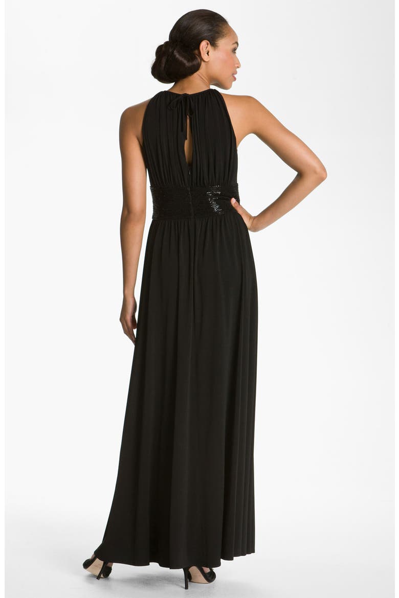 Cutaway Shoulder Beaded Waist Gown, Alternate, color, BLACK