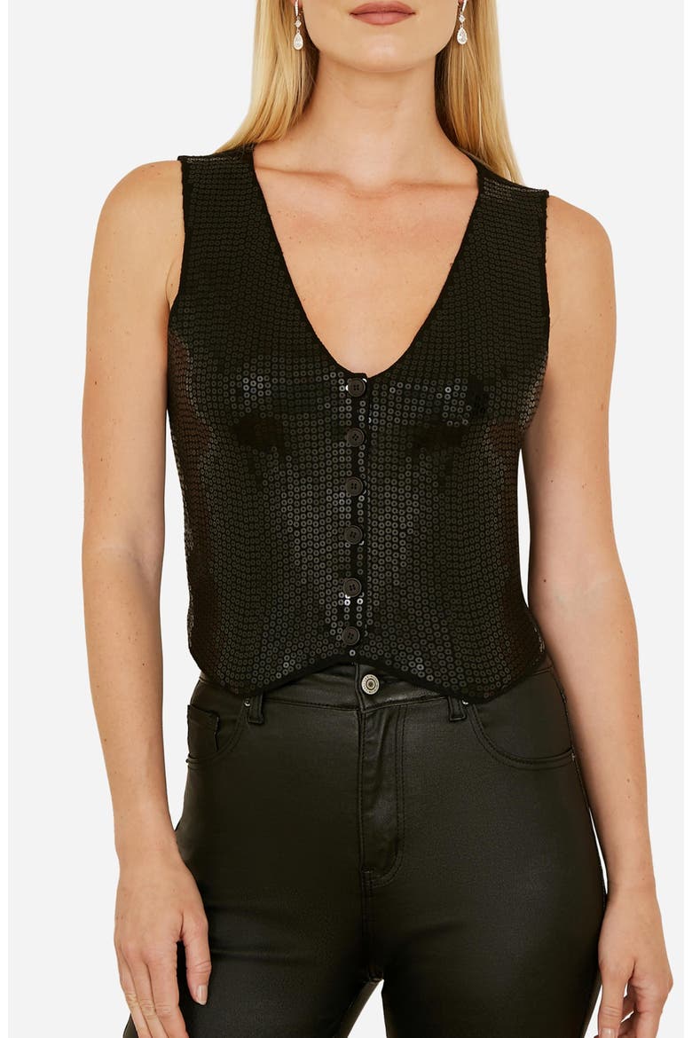 Sleeveless V-Neck Sequin Waistcoat Top, Alternate, color, Black
