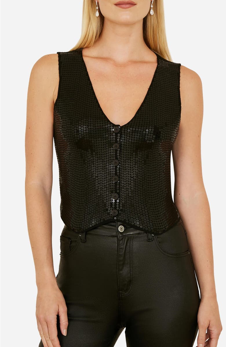 Yumi Sleeveless V-Neck Sequin Waistcoat Top, Alternate, color, Black