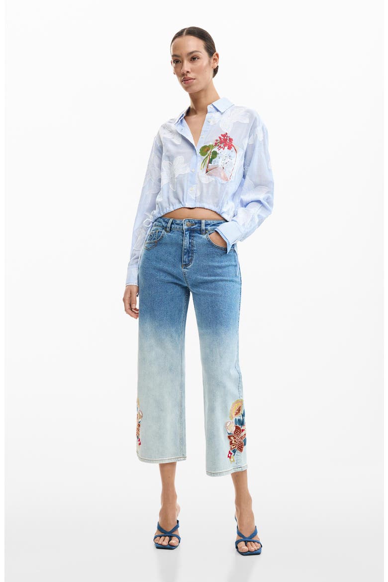 Floral Embroidered Gradient Crop Wide Leg Jeans, Alternate, color, MEDIUM BLUE