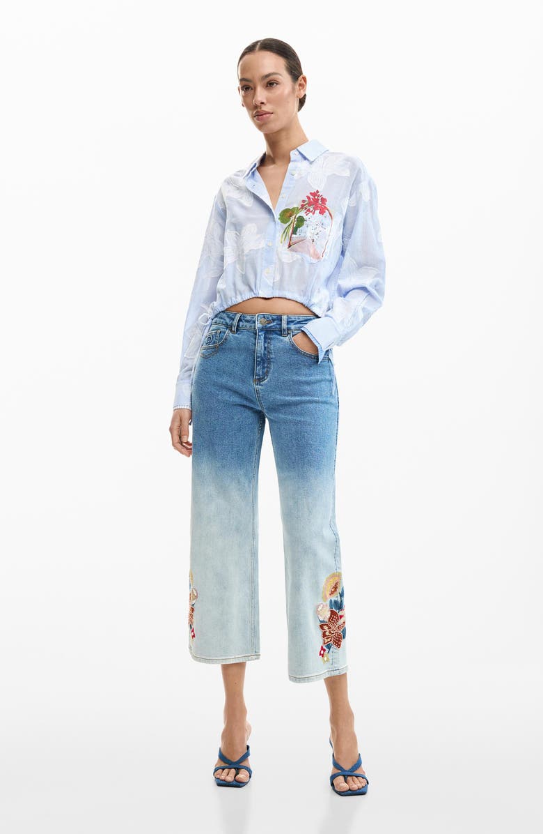 Desigual Floral Embroidered Gradient Crop Wide Leg Jeans, Alternate, color, Medium Blue