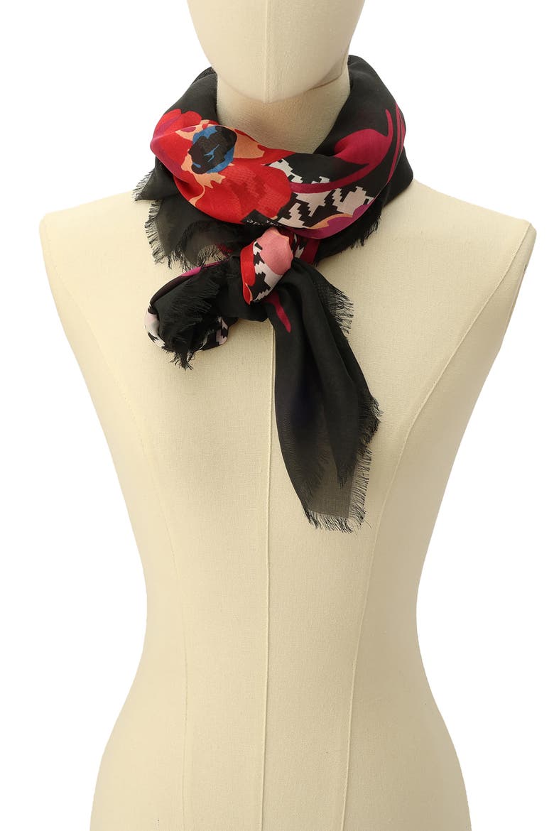 houndstooth poppies modal square scarf, Alternate, color, BLACK/ CREAM