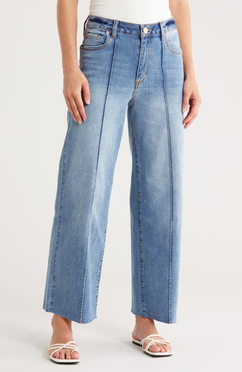 Sabrina Pintuck Raw Hem High Waist Wide Leg Jeans (Sunnyhill)