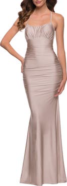 La Femme On Trend Jersey Long Dress with Ruching on Bodice