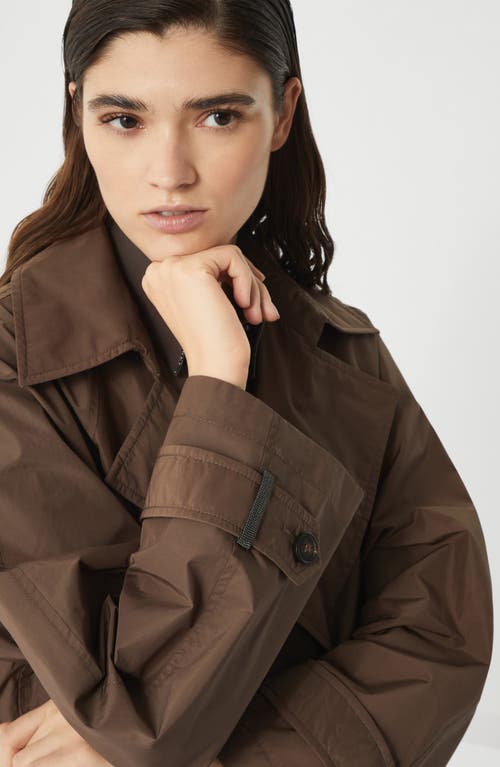 Brunello Cucinelli Brown Water-resistant Taffeta Shiny Details Trench Coat In Cocoa