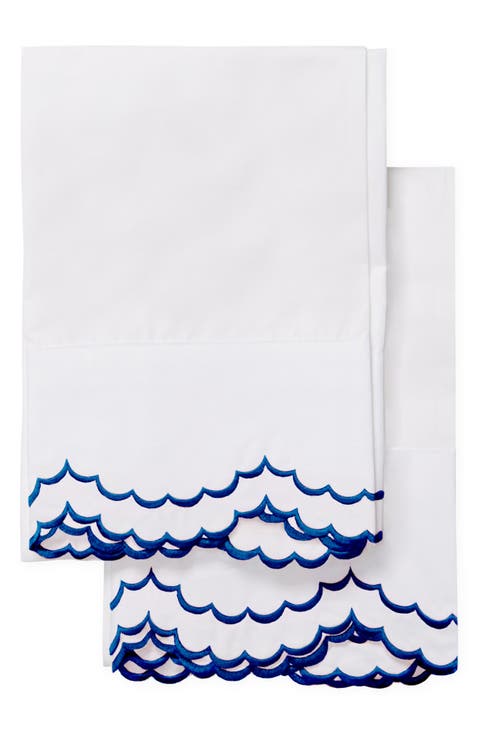 Set of 2 Double Scallop Embroidered 300 Thread Count Cotton Pillowcases