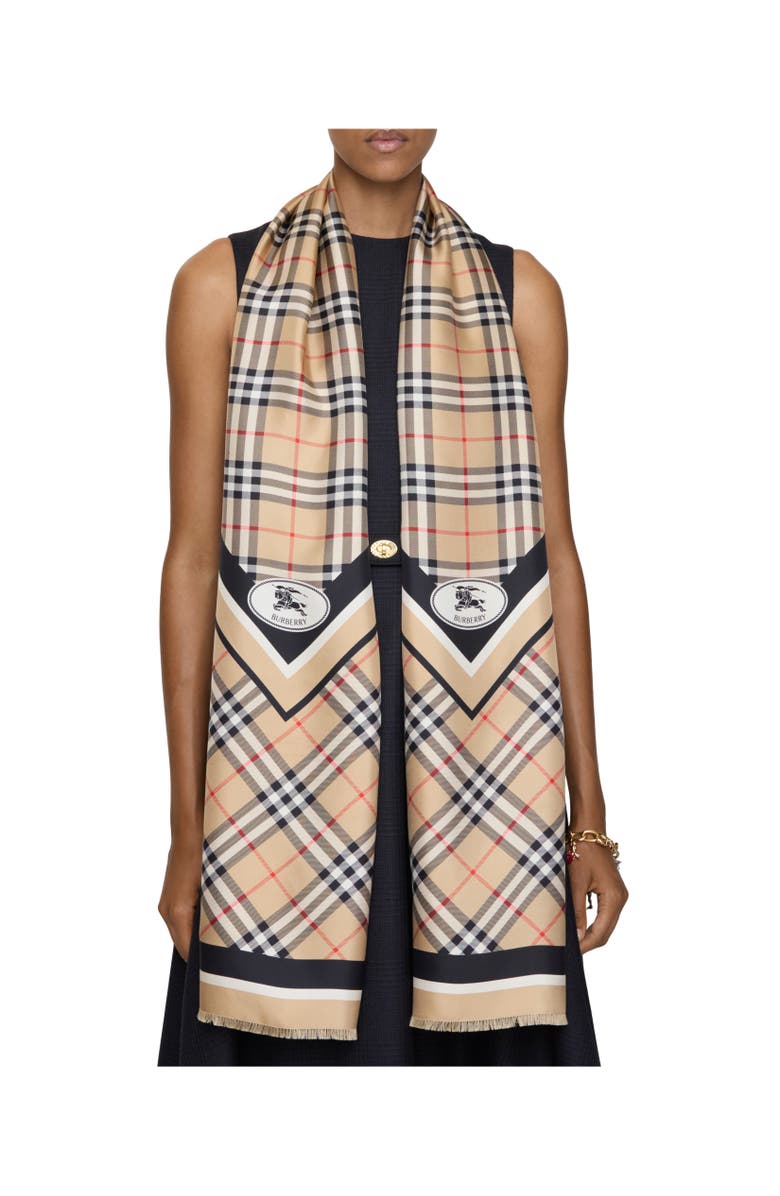Burberry Check Knight Stamp Silk Scarf, Alternate, color, Sand Beige
