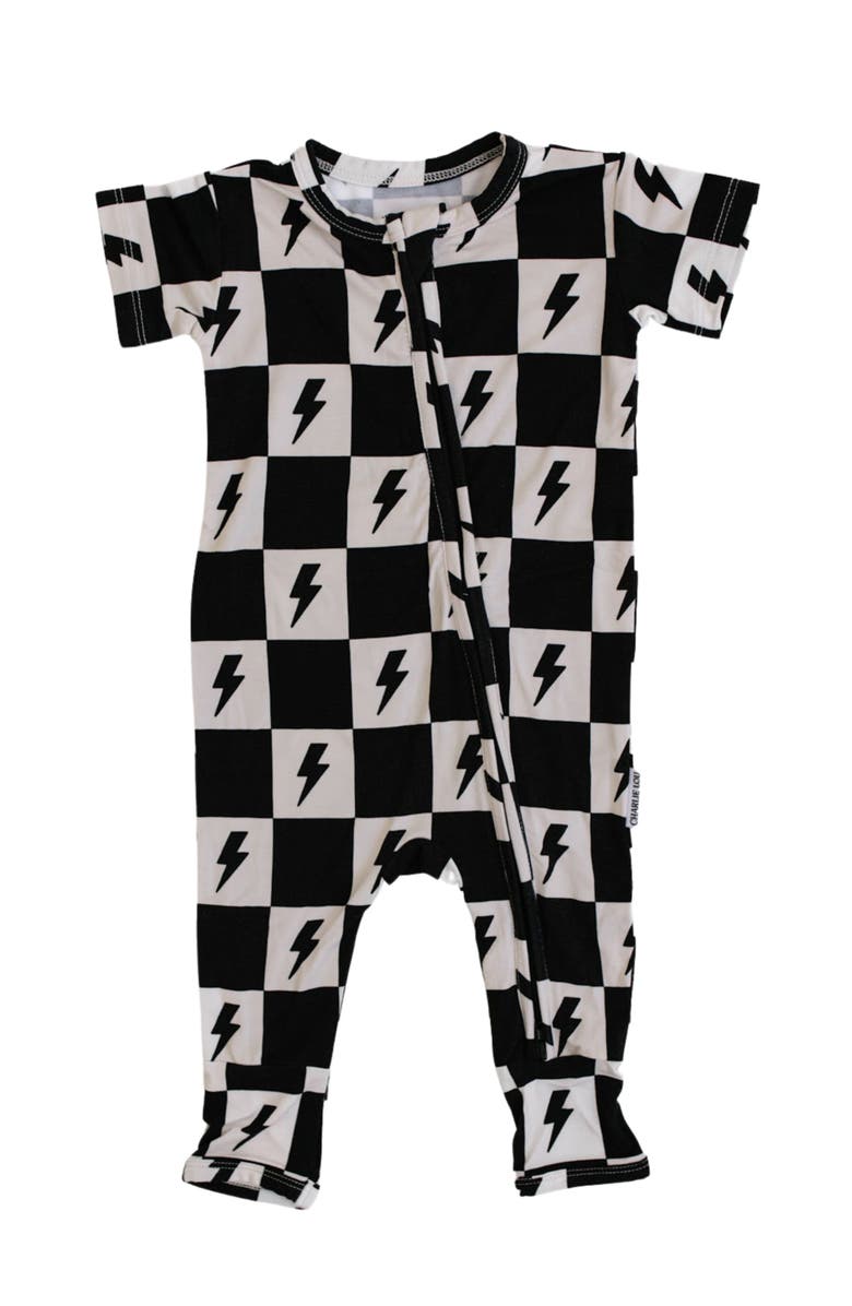 Charlie Lou Baby<sup>®</sup> Checkered Lightning Bolt Short Sleeze Zip Romper, Main, color, 