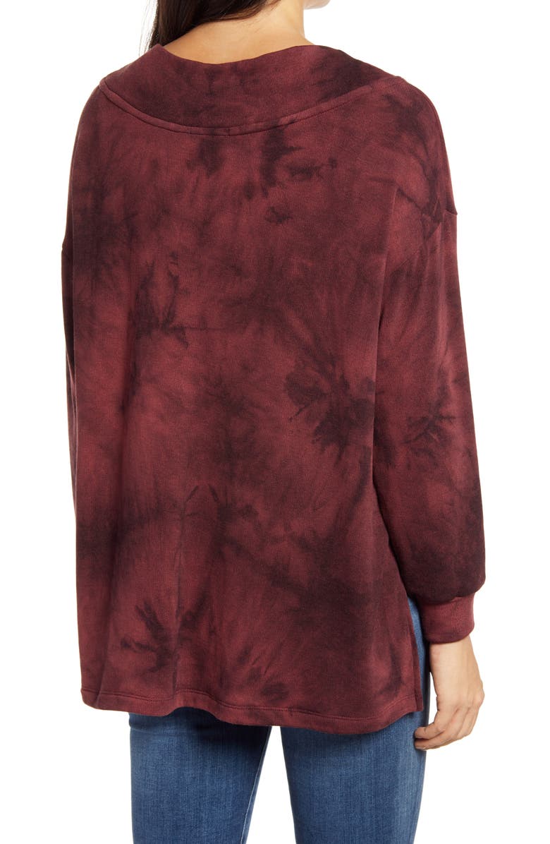 Loveappella Wide Neck Tie Dye Tunic Pullover, Alternate, color, Burgundy/ Merlot