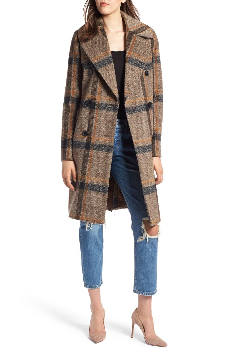 Double Breasted Coat, Main, color, BROWN PLAID