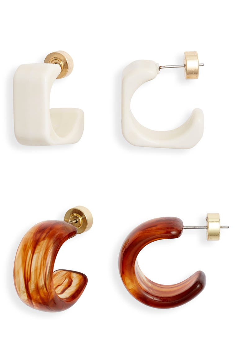 Set of 2 Resin Hoop Earrings, Main, color, BROWN- IVORY