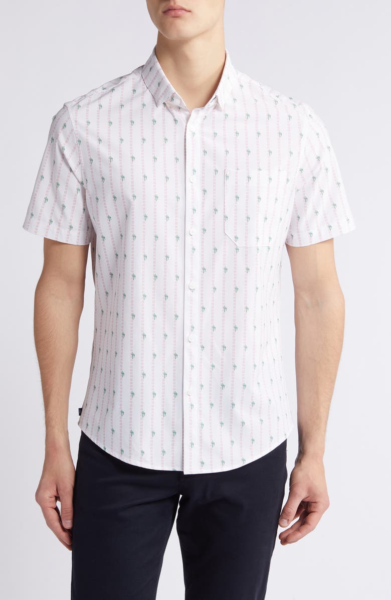 Mizzen+Main Leeward Trim Fit Cactus Stripe Short Sleeve Performance Button-Up Shirt, Main, color, 