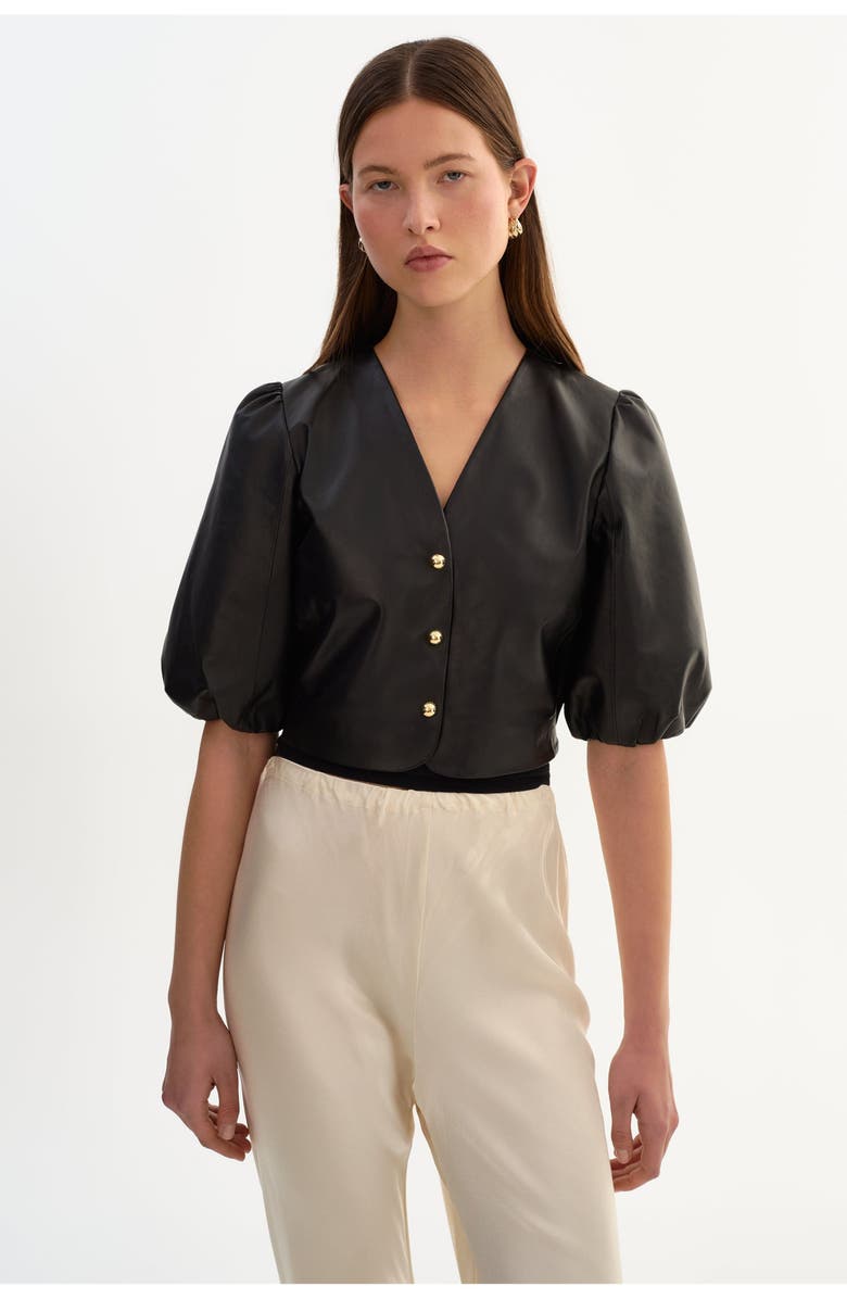 LAMARQUE Franka | Balloon Sleeve Leather Blouse, Main, color, Black