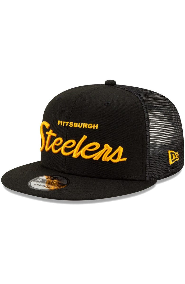 New Era Men's New Era Black Pittsburgh Steelers Script Trucker 9FIFTY Snapback Hat, Main, color, 