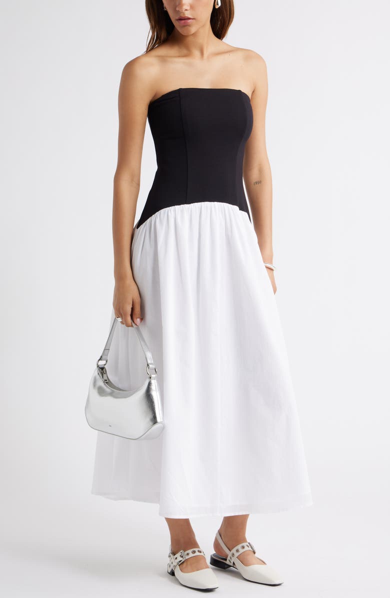 Open Edit Curved Waist Strapless Maxi Dress, Alternate, color, Black- White