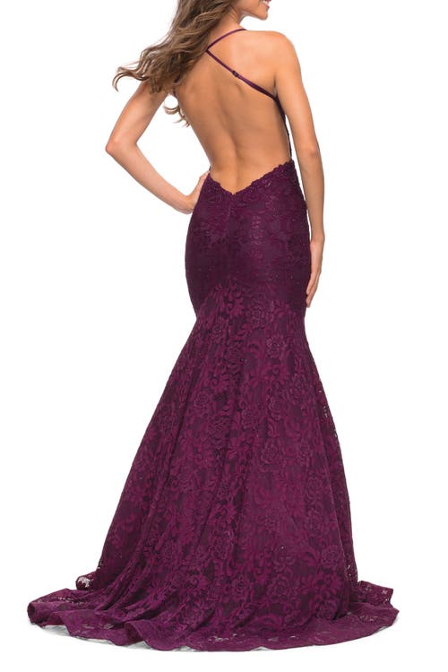 La Femme Mermaid Lace Gown With Sheer Bodice And Open Back In Dark Berry