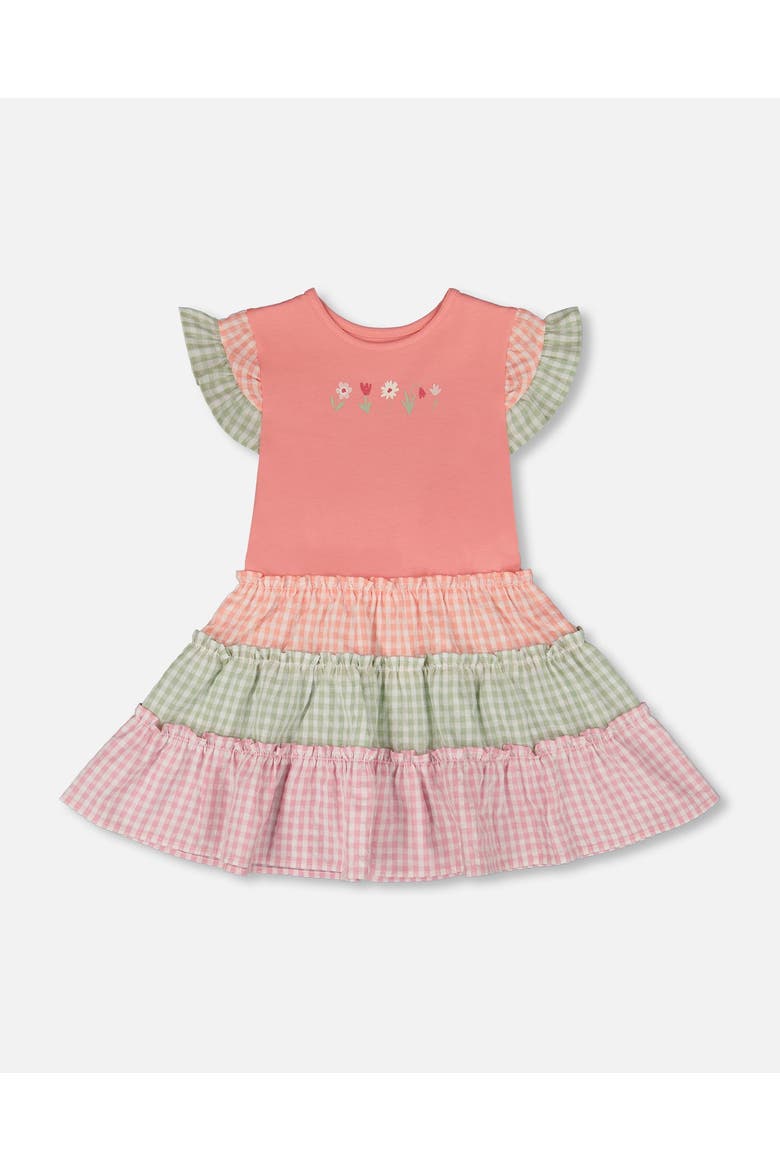 Organic Cotton Bi-Material Flutter Ruffles Gingham Dress, Main, color, Coral & Gingham