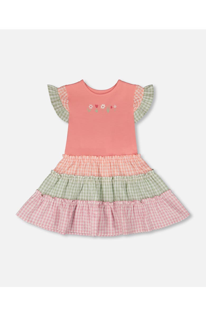 Deux par Deux Organic Cotton Bi-Material Flutter Ruffles Gingham Dress, Main, color, Coral & Gingham