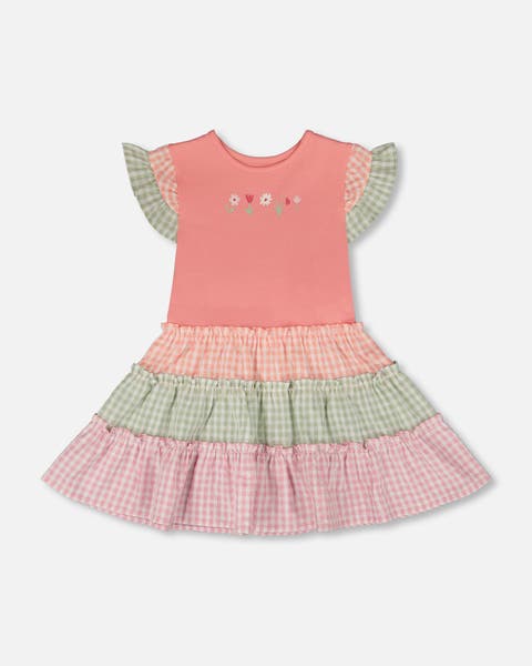 Organic Cotton Bi-Material Flutter Ruffles Gingham Dress (Toddler, Little Kid & Big Kid)
