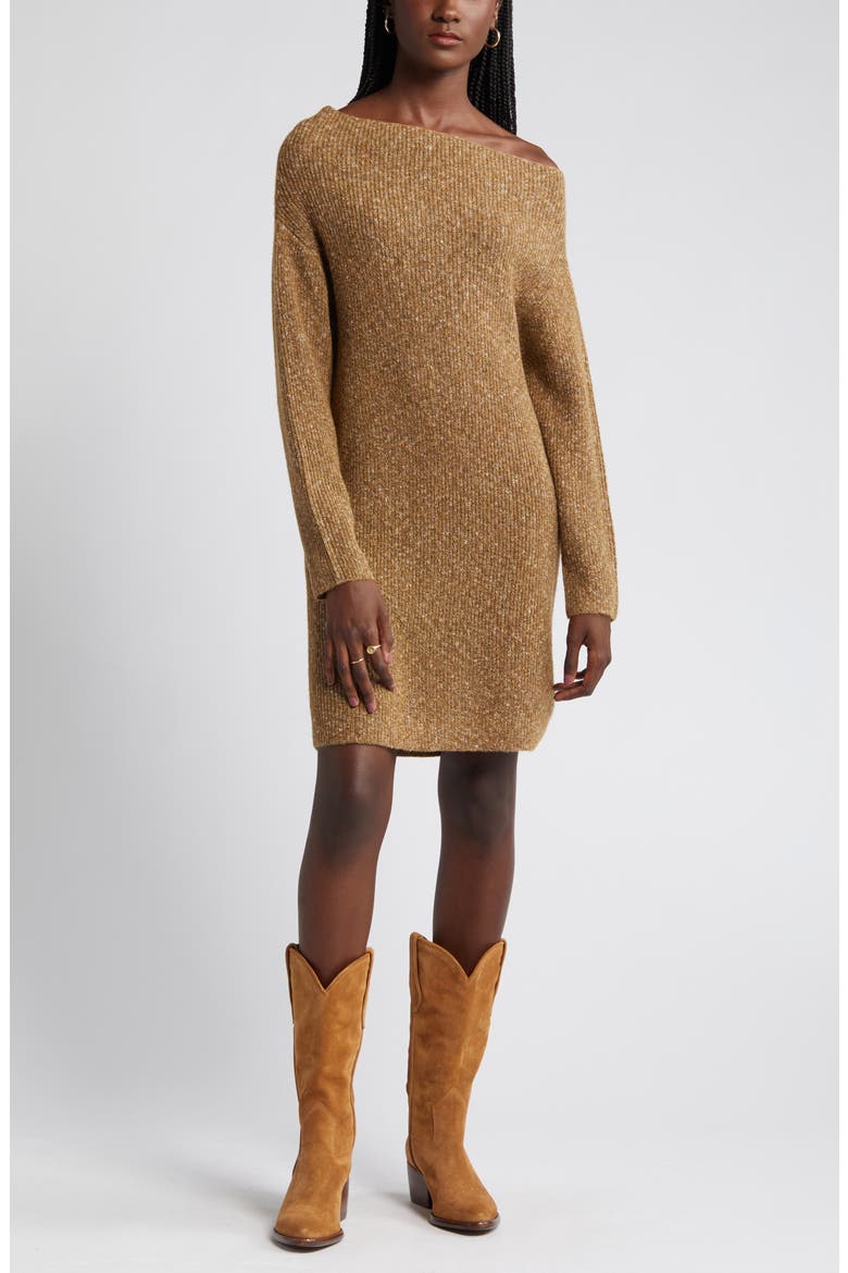 One-Shoulder Long Sleeve Rib Sweater Dress, Alternate, color, BROWN TEMPLE
