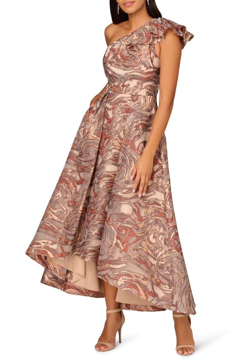 Aidan Mattox by Adrianna Papell Metallic Organza Jacquard One-Shoulder High-Low Gown, Main, color, 