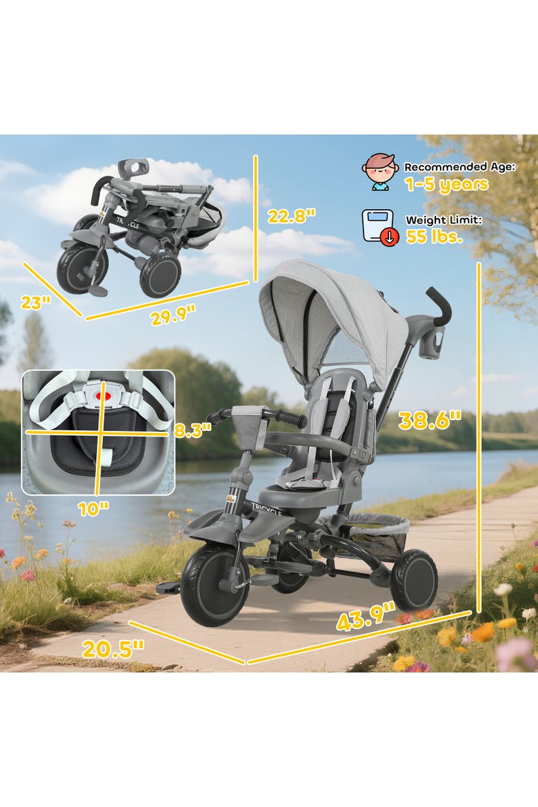 Kids Tricycle with Adjustable Push Handle and Removable Canopy, Alternate, color, Gray