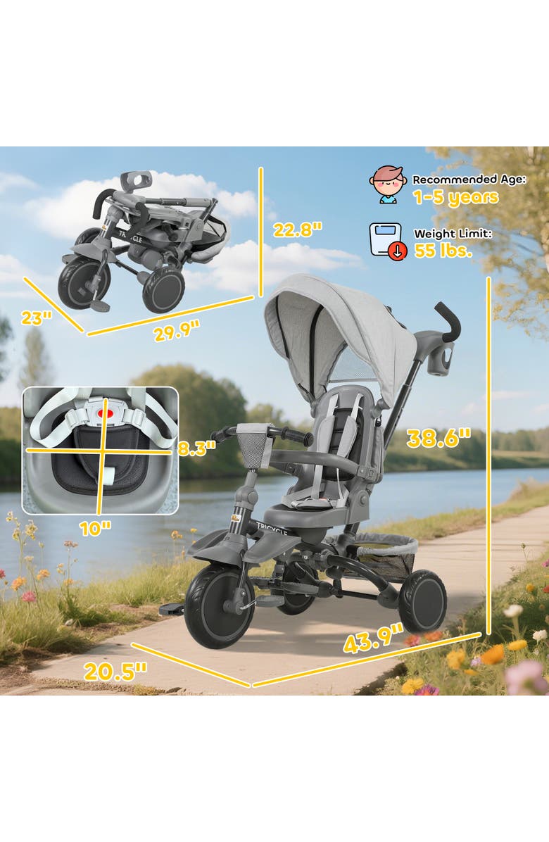 Qaba Kids Tricycle with Adjustable Push Handle and Removable Canopy, Alternate, color, Gray