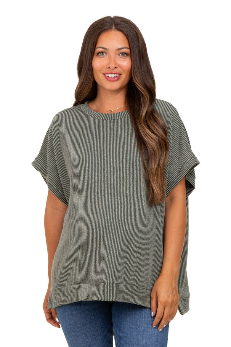 Solid Ribbed Short Sleeve Oversized Tunic Top, Alternate, color, Olive Green