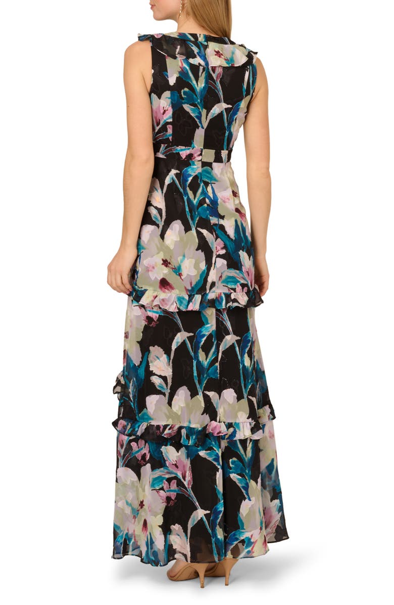 Adrianna Papell Floral Ruffle Chiffon Evening Gown, Alternate, color, Black Multi