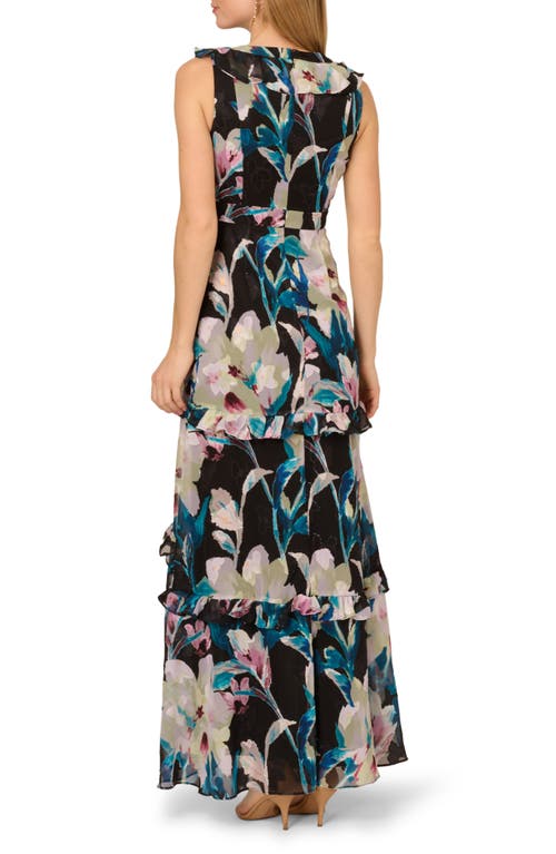 ADRIANNA PAPELL ADRIANNA PAPELL FLORAL RUFFLE CHIFFON EVENING GOWN