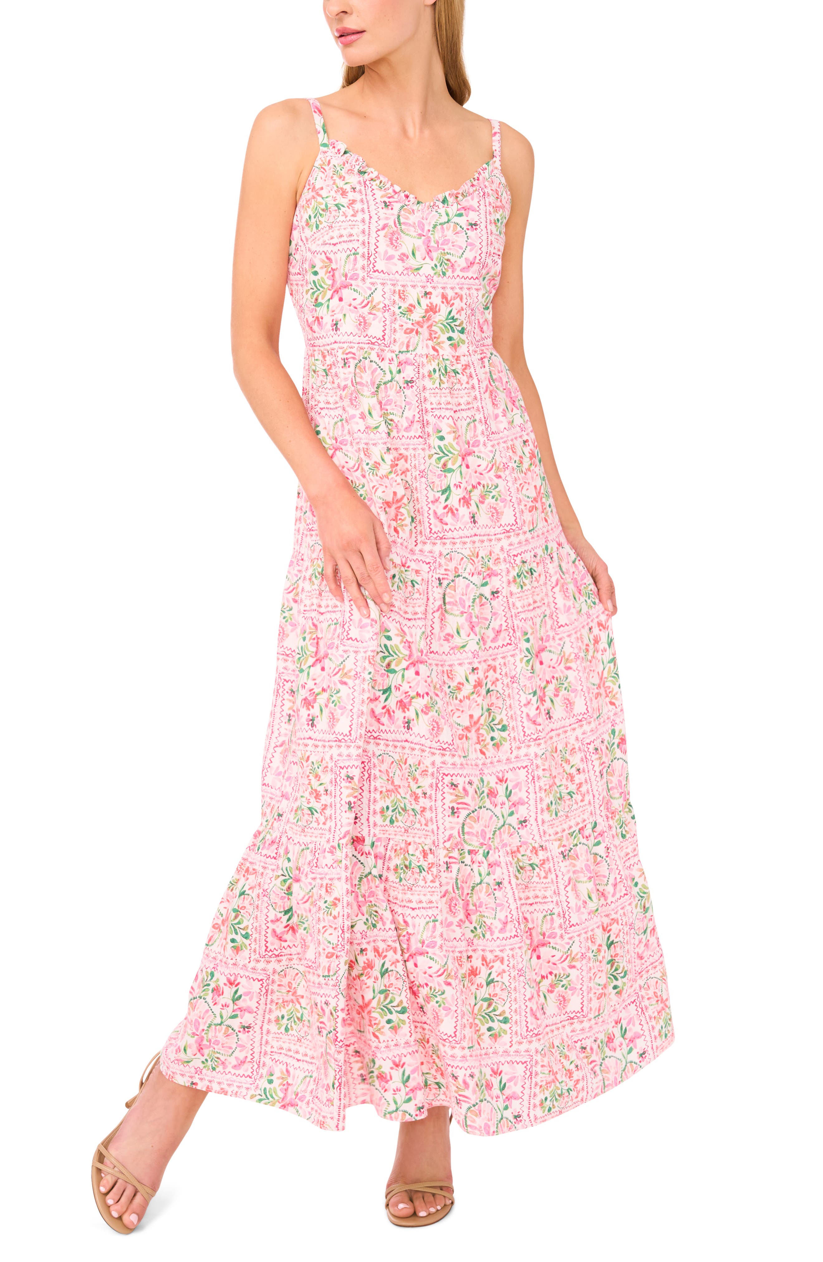 CeCe Floral Stamp Print Linen Blend Maxi Dress