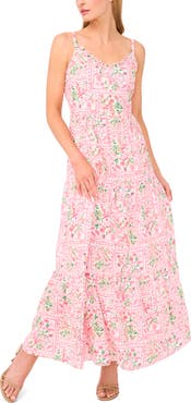 CeCe Floral Stamp Print Linen Blend Maxi Dress