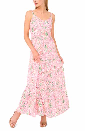 CeCe Floral Stamp Print Linen Blend Maxi Dress