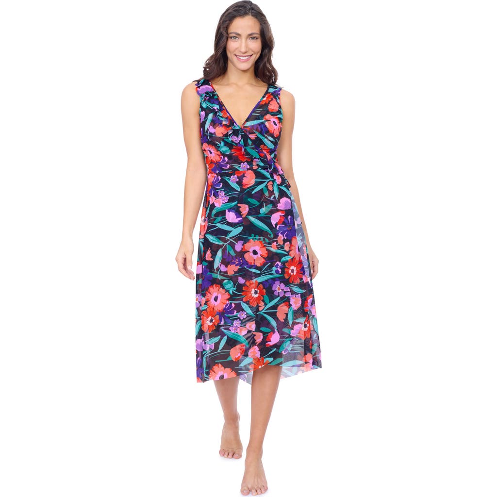 Profile By Gottex Marguerite V Neck Asymmetrical Ruffle Midi Wrap Mesh Dress In Black Multi