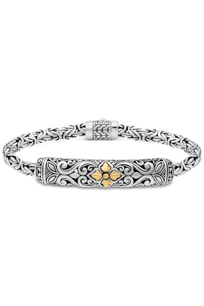 Maple Leaf on Filigree with Borobudur Chain Bracelet in Sterling Silver and 18K Gold Accents, Main, color, Silver