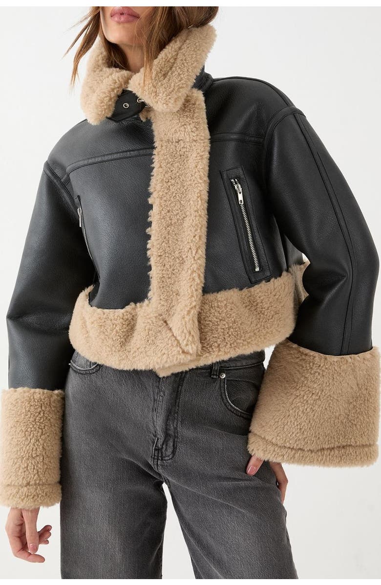 MissPap Pu Faux Fur Trim Aviator Jacket, Alternate, color, Black